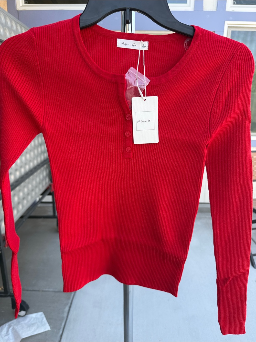 Active USA Red Ribbed Button Henley Long Sleeve Top